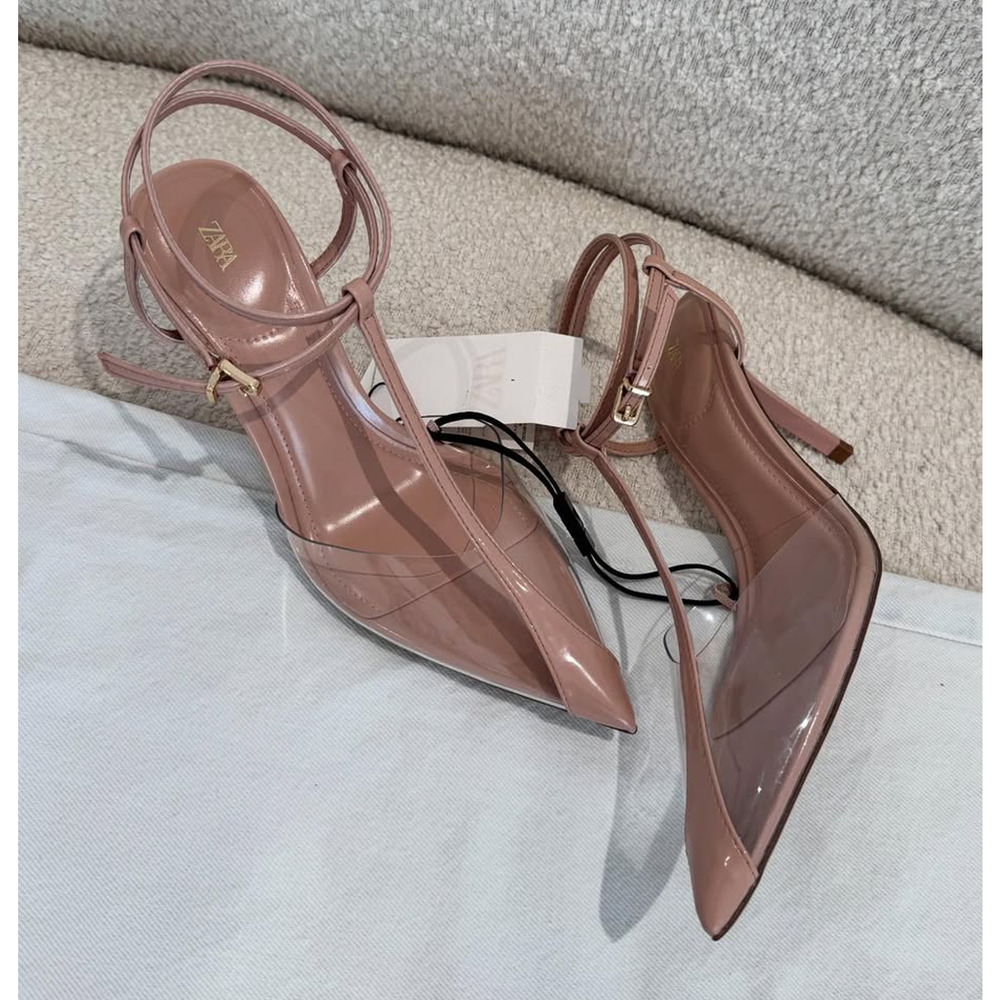 Zara NWT Beige Clear Vinyl Slingback Pointed Toe Heels 7.5 8 - Picture 14 of 16
